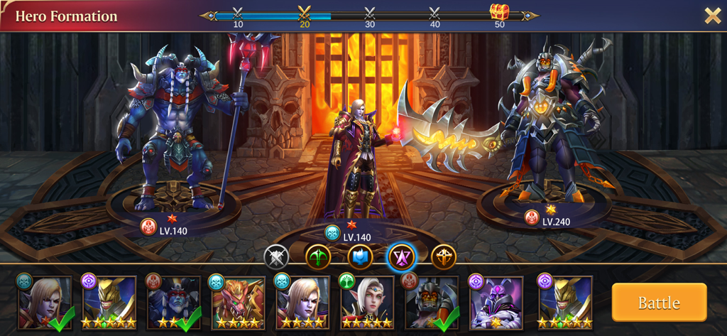 Hero formation screen in Trials of Heroes showing a selected squad of fantasy heroes and a character roster for team building.