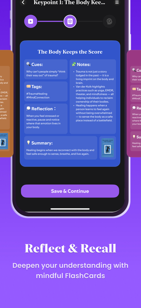 MindUp: Master a book everyday - MindUp app digital flashcard showing key insights and reflections for a non-fiction book summary