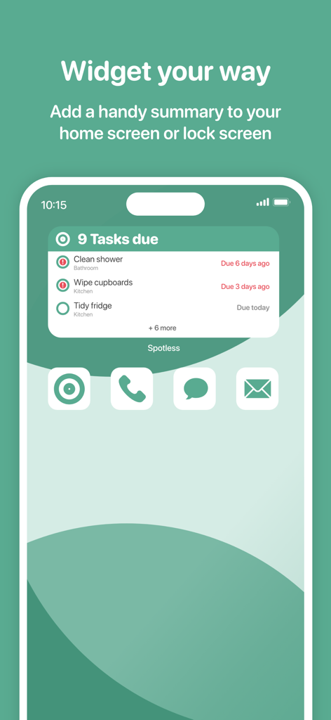 Spotless: A simply clean home - Widget de la aplicación Spotless en la pantalla de inicio de un iPhone que muestra una lista de tareas del hogar vencidas