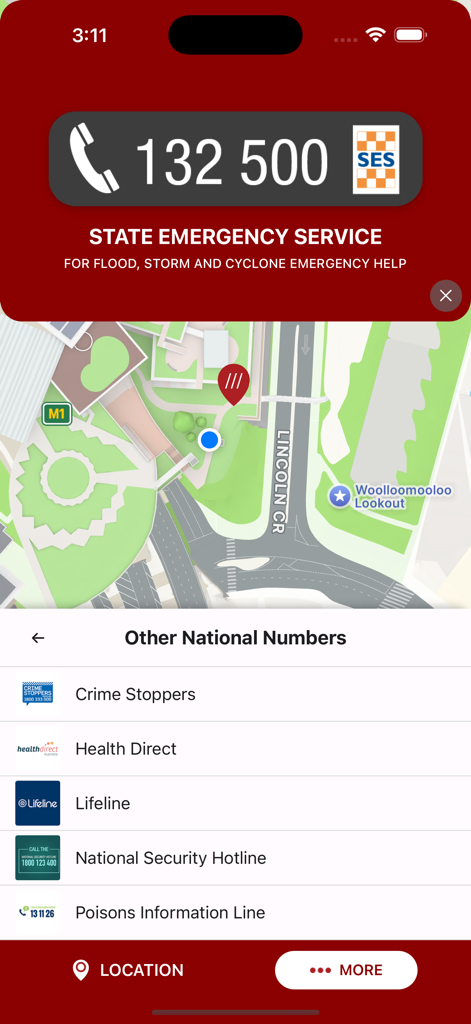 A screenshot of the Emergency Plus app showing State Emergency Service contact information, a map with location tracking, and a list of Australian national emergency numbers.