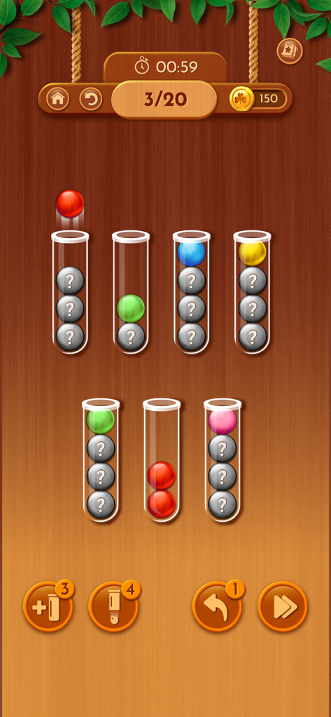 Woody Sort gameplay showing colored balls in tubes with a wooden background and rustic interface