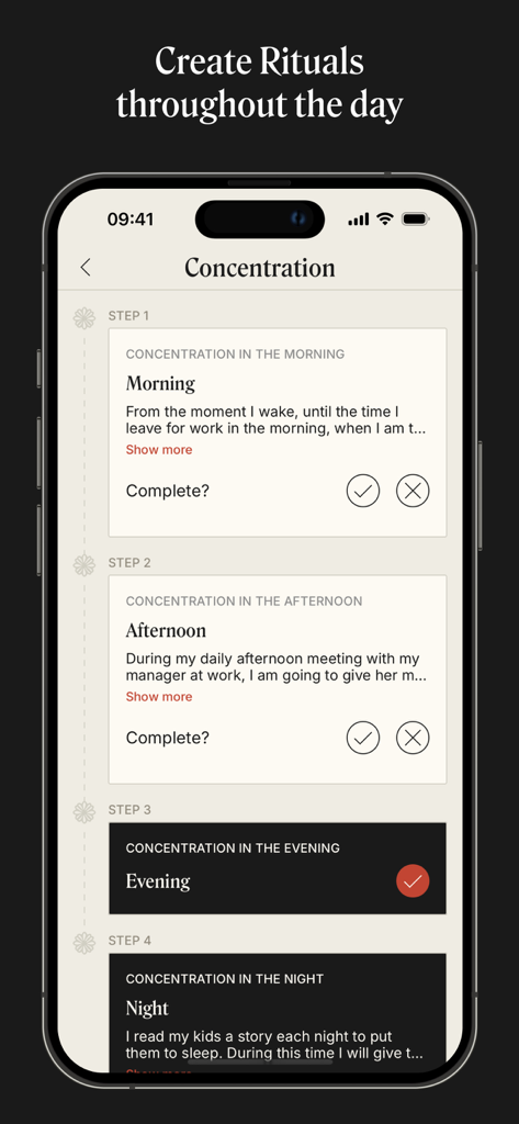 Interface of the Dandapani app showing daily concentration rituals with step-by-step progress tracking