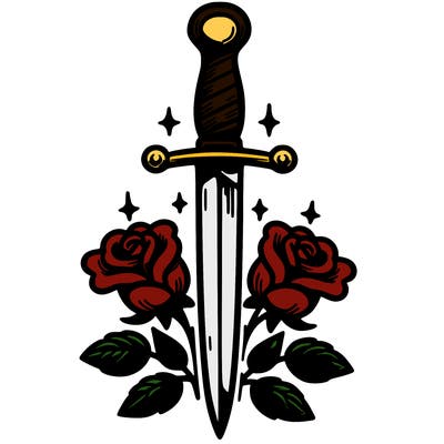 dagger in upright position with roses in front