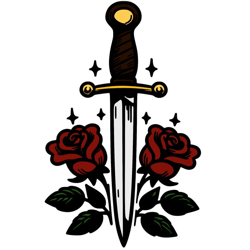 dagger in upright position with roses in front