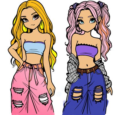 2 girls in crop tops and baggy jeans ripped
