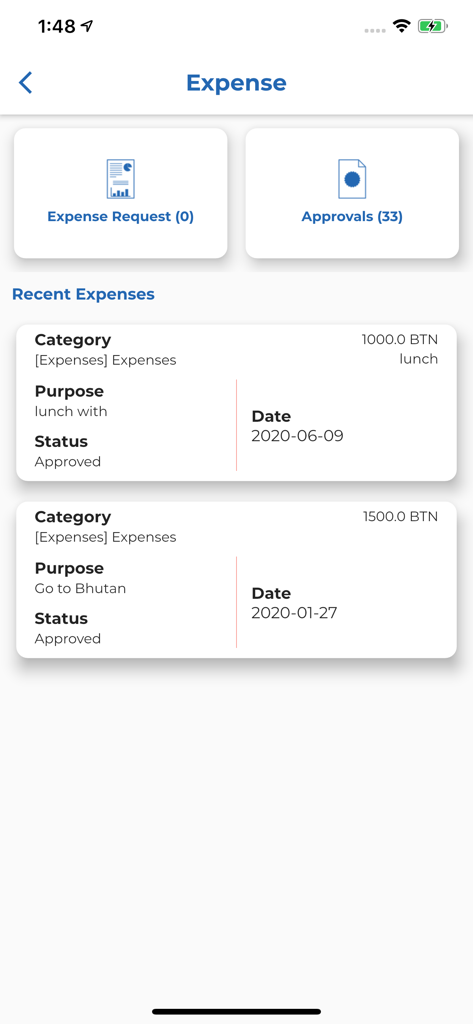HRstation - HRstation mobile app screen showing expense requests approvals and a list of recent expense records with status