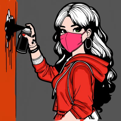 realistic girl with mask spray painting a wall