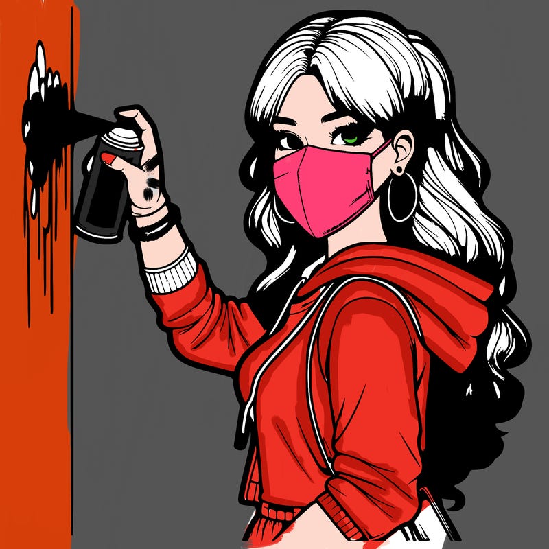 realistic girl with mask spray painting a wall