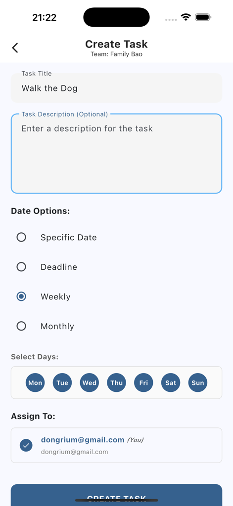 Task Management for Teams - Interface for creating a recurring weekly task called Walk the Dog in a family task management app