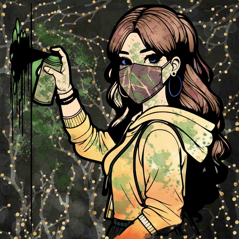 realistic girl with mask spray painting a wall