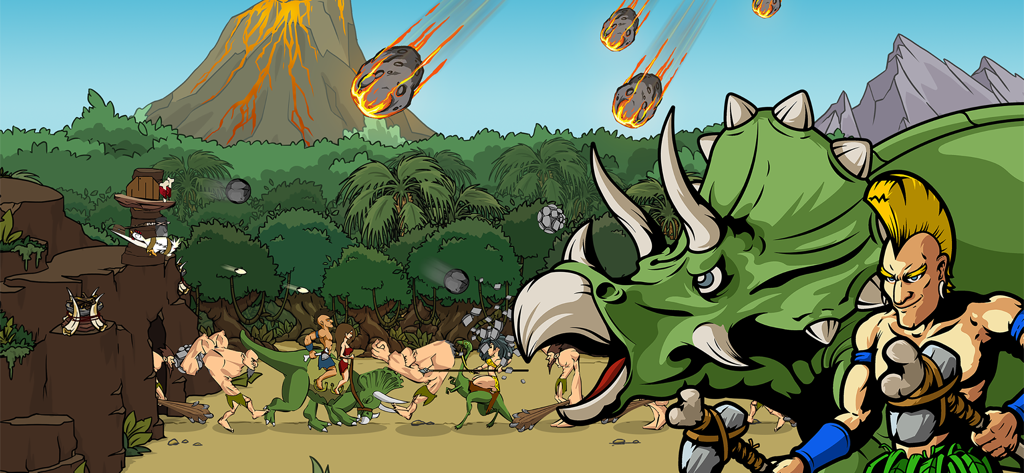 Age Of War 2 - Hombres de las cavernas y dinosaurios luchando en una batalla prehistórica de la Edad de Piedra con meteoros cayendo y un fondo de volcán