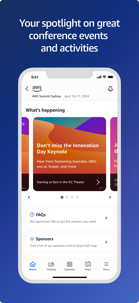 AWS Events - AWS Events app home screen showing conference activities and keynote sessions.
