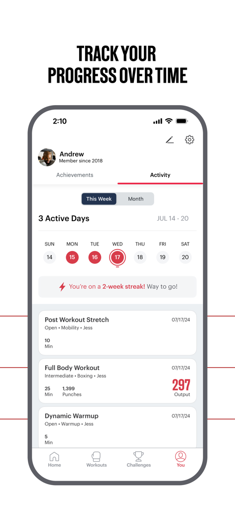 FightCamp app activity screen showing weekly workout history streaks and punch statistics