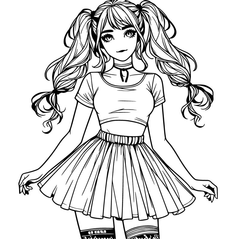 realistic girl in a skirt crop top and pigtails