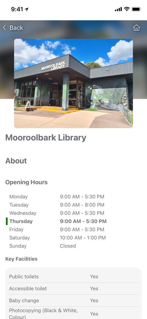 Your Library App - Details page of Mooroolbark Library featuring building photo, opening hours, and listed facilities.