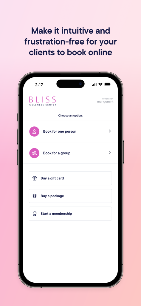 Mangomint mobile app showing online booking options for salon and spa clients
