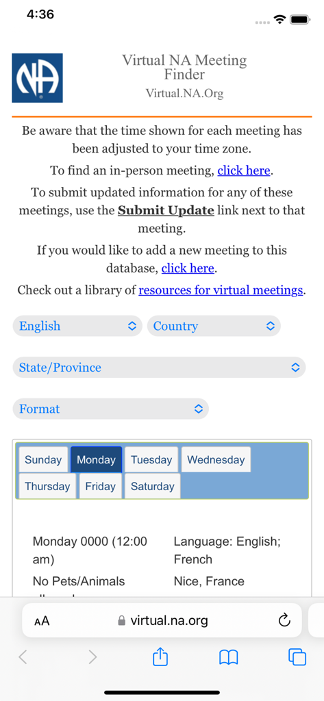 Interface for finding virtual Narcotics Anonymous meetings with filters for language and location