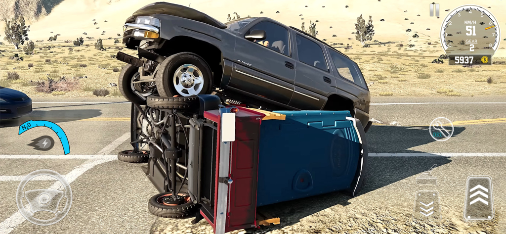 Real Car Crash Game Simulator - A black SUV crashing into a truck and a blue portable toilet in a desert environment.
