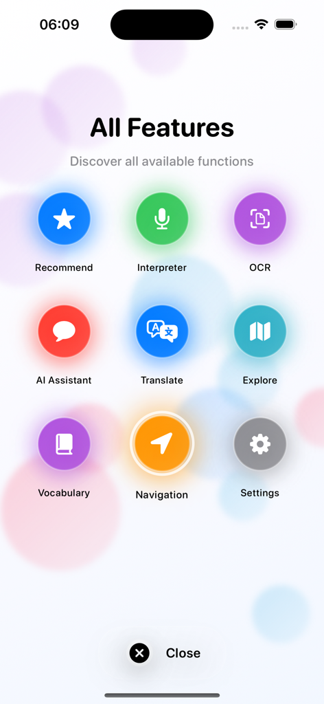 Dashboard of the Visit China app displaying icons for AI Assistant Translate OCR and Navigation