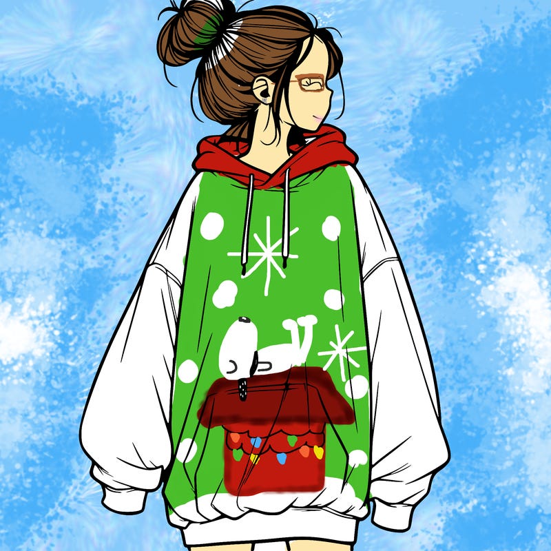 realistic girl with a oversized sweatshirt on and a bun