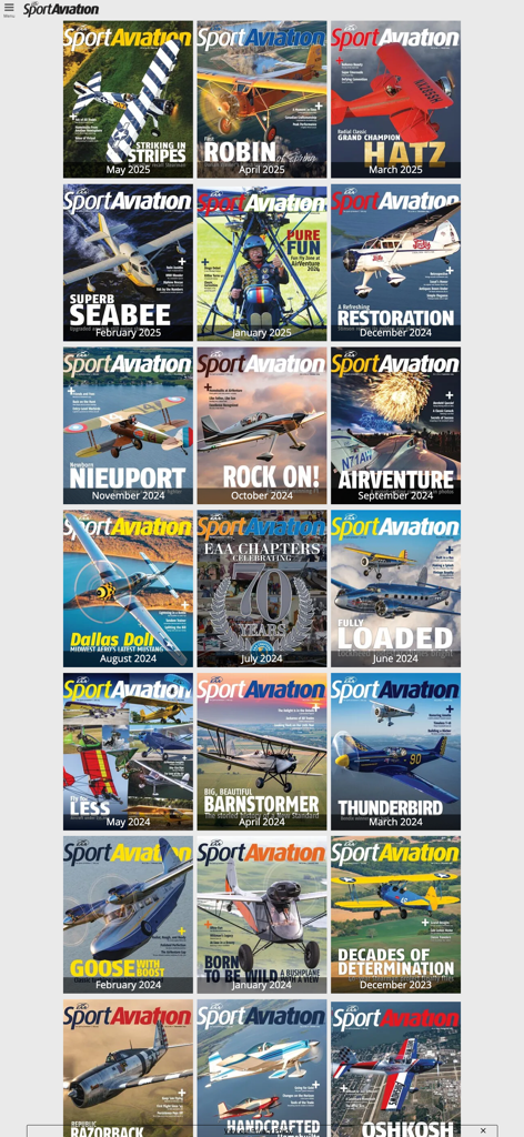 Grid view of EAA Sport Aviation digital magazine covers showing various aircraft