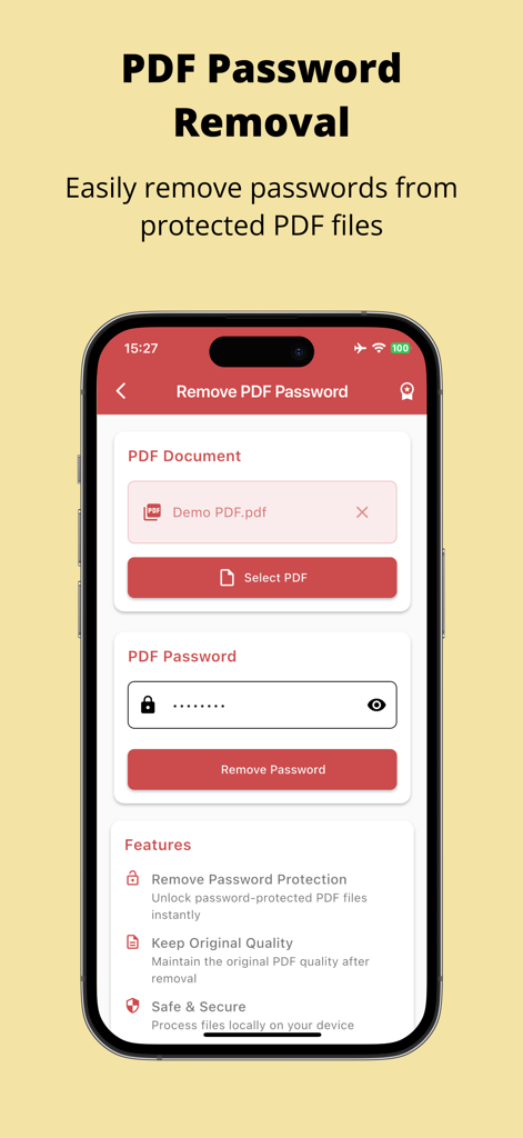 PDFパスワード除去機能を示すモバイルアプリ画面。ファイルを選択し、パスワードを入力するオプションが表示されています。