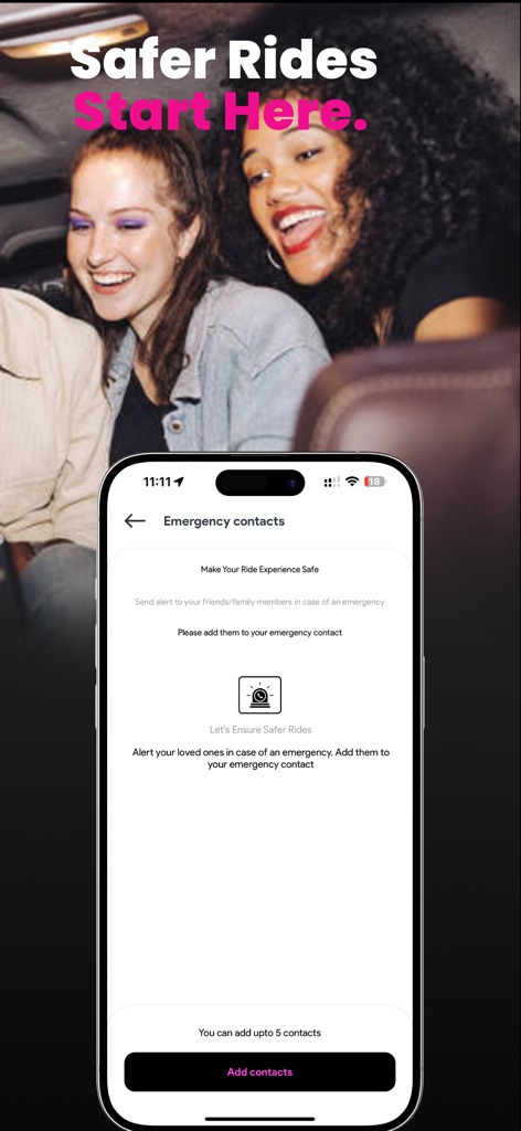 iCar Rider - Interface de l'application iCar Rider montrant l'écran de configuration des contacts d'urgence pour la sécurité de l'utilisateur.