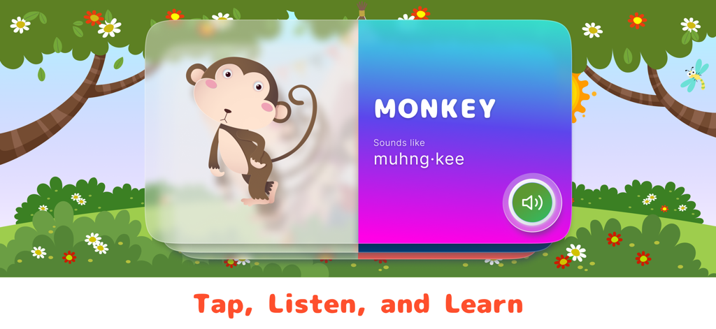 English for Kid - Play & Learn - Educational flashcard of a monkey with pronunciation text and a speaker icon for kids to learn English