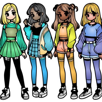 one girl with crop-top shirt and a jacket with a skirt, long socks and another girl with a shirt and pants with a jacket