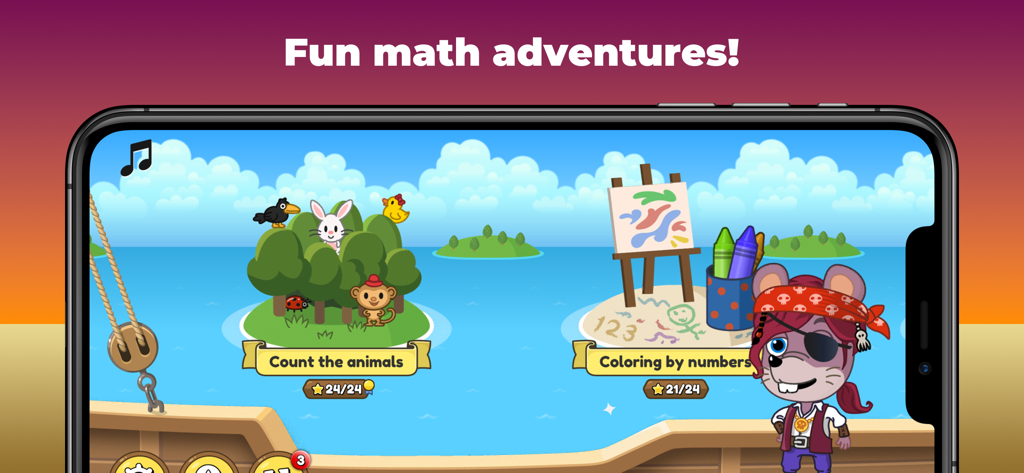 King of Math Jr 2 - King of Math Jr 2 game map showing counting and coloring activities with a pirate character