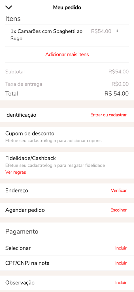 Officina Delivery - Officina Delivery app screen showing an order summary for spaghetti with shrimp in Portuguese.