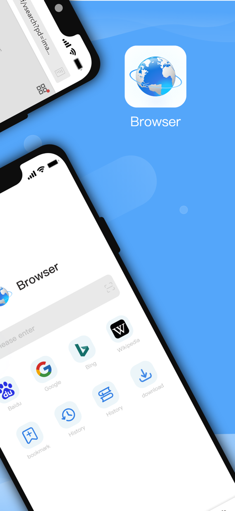 Interface d'accueil du navigateur mobile présentant des raccourcis vers les moteurs de recherche et des outils d'accès rapide pour la productivité.