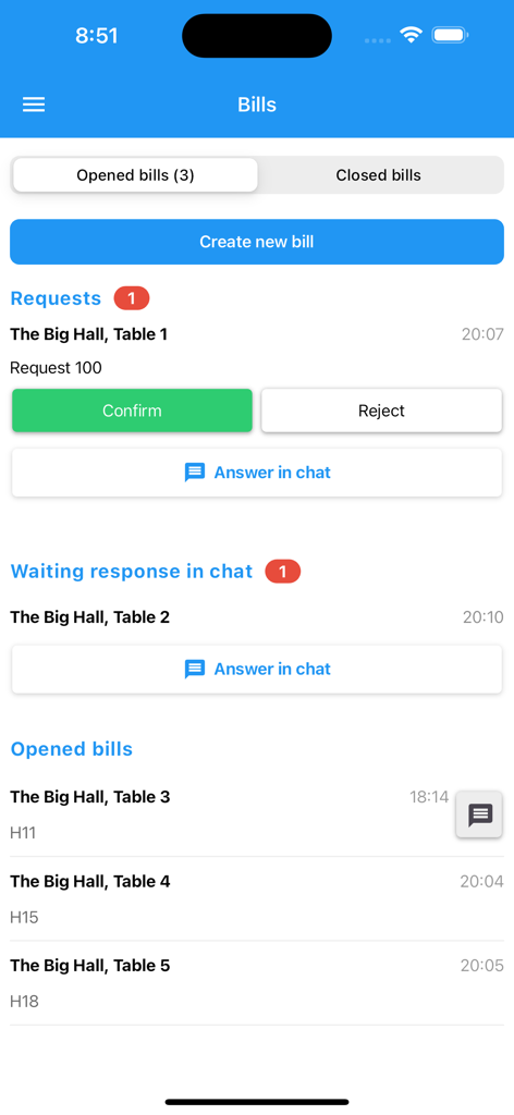 Alisa Garson - Alisa Garson app screen showing bills and table requests for restaurant waiters