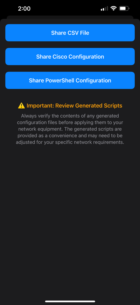 NetBuddy IP Subnet Calculator - Screenshot of NetBuddy app showing buttons to share CSV, Cisco, and PowerShell configurations with a script verification warning
