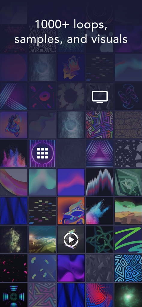 Grid display of music loops samples and visual effects available in the djay app