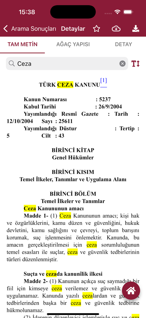 UYAP Mevzuat - UYAP Mevzuatモバイルアプリケーション内でのトルコ刑法の全文表示。検索語がハイライト表示されている
