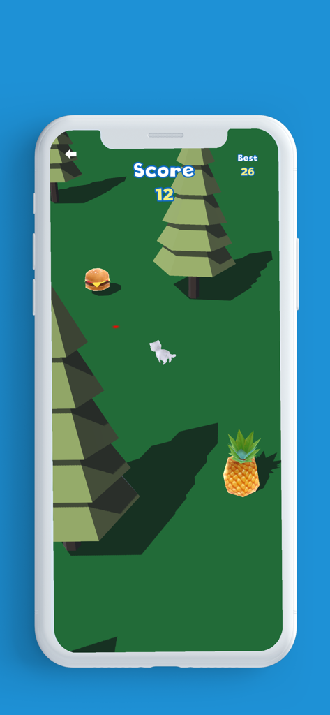 Laser Pointer for Cat - A white cat character chasing fruit and a burger in a forest themed mini game