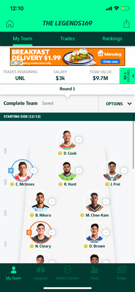 NRL Fantasy app My Team screen showing a starting lineup with player profiles and team statistics