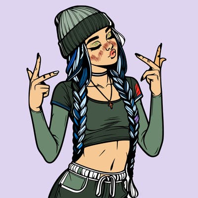 realistic teenage girl with braids and a beanie and crop top doing 🫶🏼