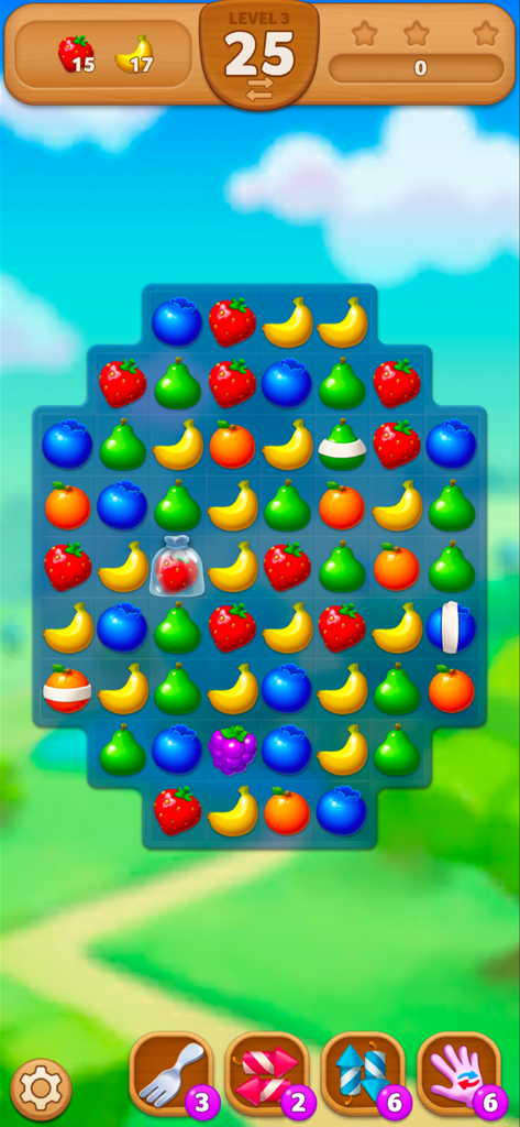 Fruits Mania : Elly’s travel - Fruits Mania match-3 puzzle game screen showing various colorful fruits on a game board with level progress and boosters