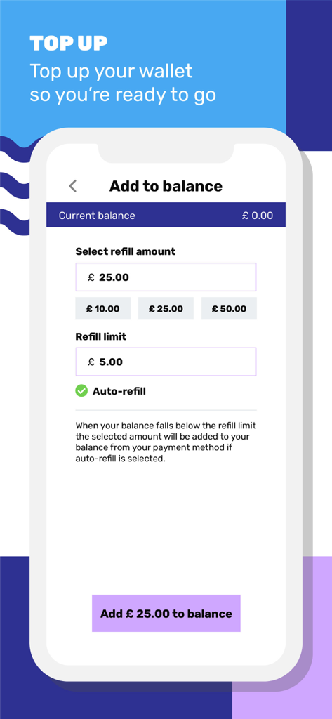 Circuit Go mobile app screen for adding funds to a digital laundry wallet with auto refill settings