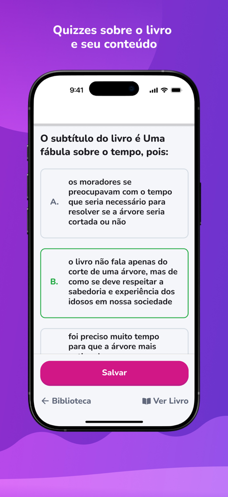 A reading comprehension quiz interface in the Elefante Letrado app showing multiple-choice questions about a book.