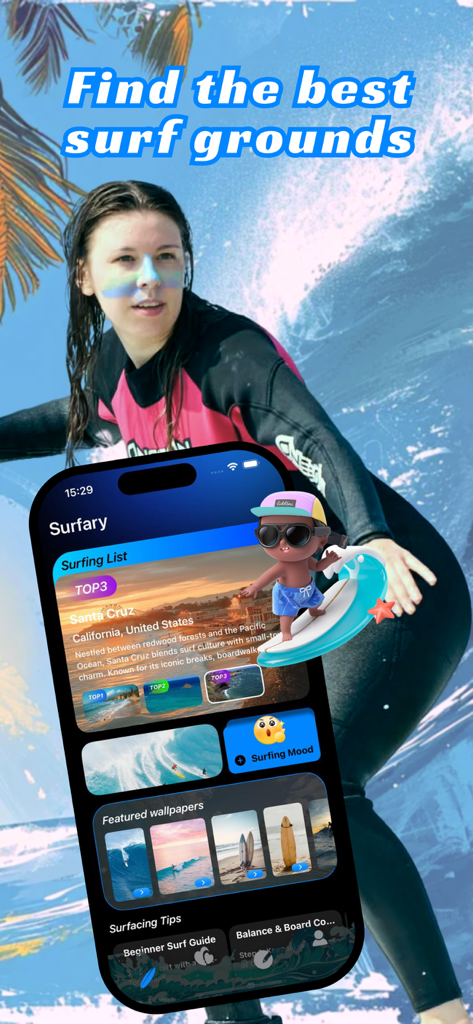 Surfce：Friends Chat，Companion - Interfaz de la aplicación Surfce mostrando los mejores spots de surf como Santa Cruz y guías de surf para principiantes