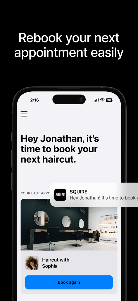 Squire app interface showing a rebook notification and a book again button for a previous barber appointment