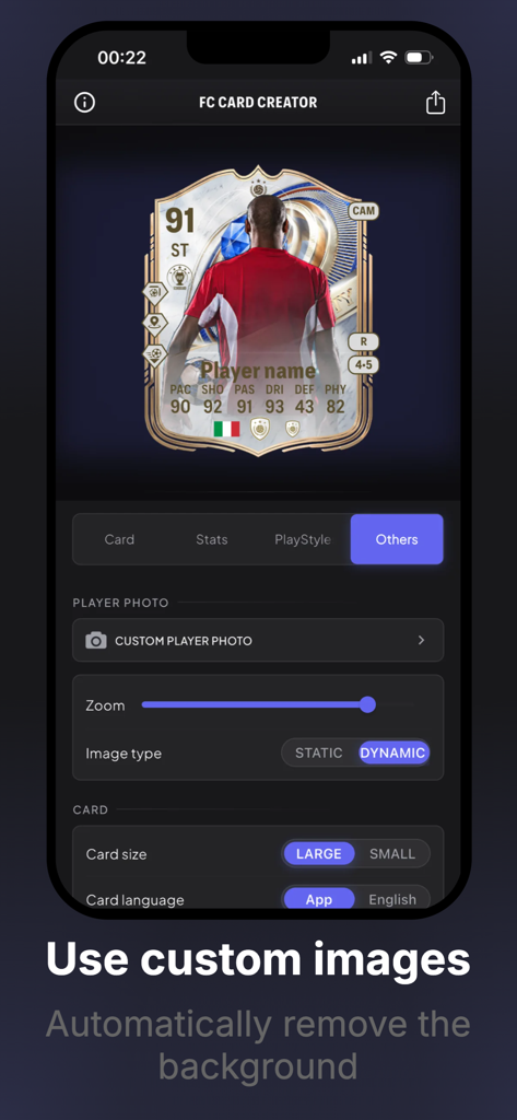 FC Ultimate Card Creator - Interface of FC Ultimate Card Creator app showing custom player photo upload and automatic background removal features for soccer cards
