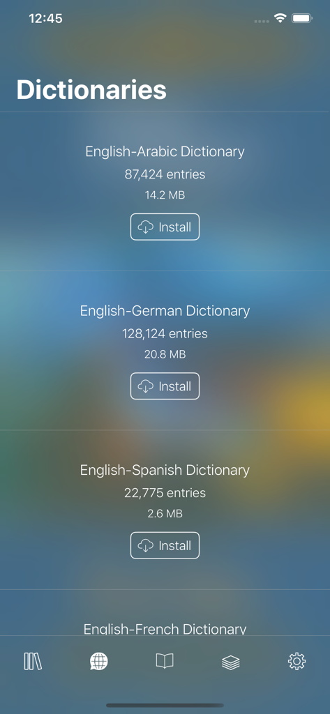 Auri - Read Books in Original - Un menú en la aplicación Auri que muestra una lista de diccionarios descargables sin conexión para leer libros en idiomas extranjeros