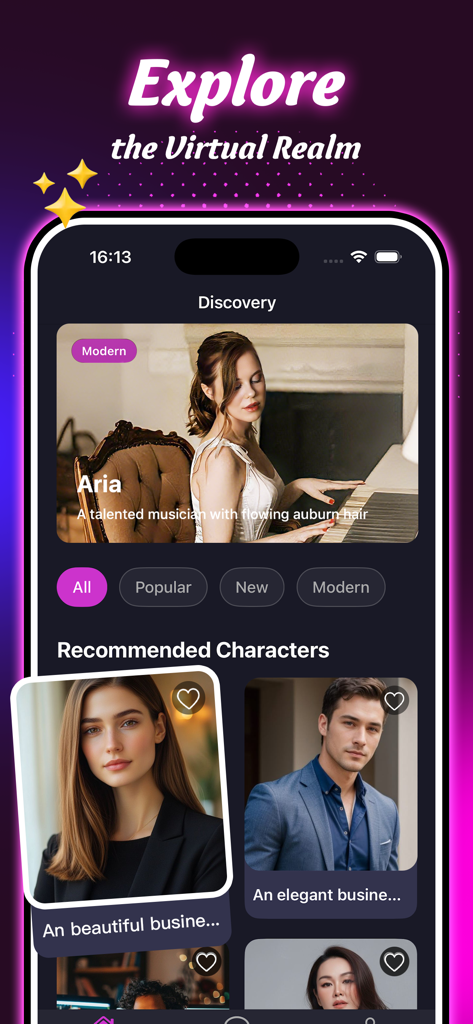Kano - Character & Chat - Kano app discovery interface showing AI character profiles including Aria the musician