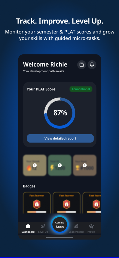 The Offee Super App dashboard showing a user PLAT score of 87 percent with progress tracking and achievement badges