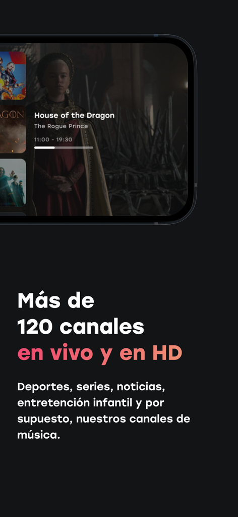 Interface de l'application Zapping présentant plus de 120 chaînes HD en direct, y compris du sport et des séries