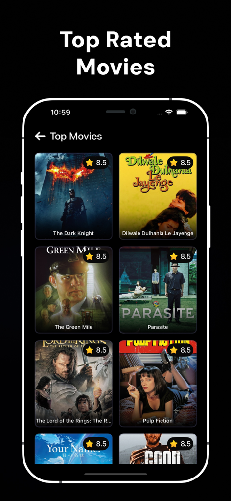 Rave - Movies & TV Shows - Une liste de films les mieux notés avec les notes sur l'interface de l'application Rave.
